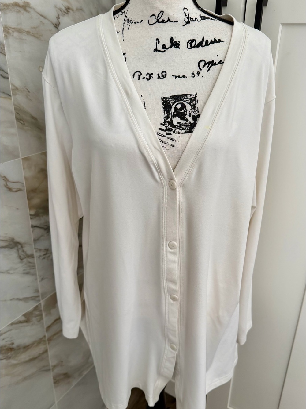 Sympli lightweight Ivory Button-Front Long Sleeve Button Up CardiganTop
